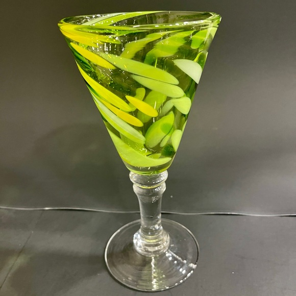 Hand Blown Glass Goblet - Green and Yellow Mixed Glass - 8" Tall - Picture 9 of 10